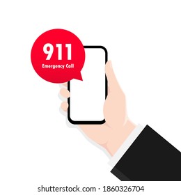 911 smartphone in flat style. First aid. Call icon vector. Hand holding smartphone. Vector illustration