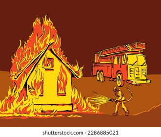 911 urgent alarm red aid auto hero male team city town village street bonfire arson blaze damage. Hand drawn risk save costume suit gear hydrant spray symbol sketch art cartoon style sky text space