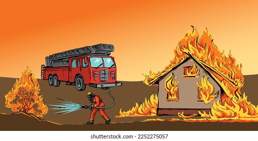 911 urgent car truck hose aid team risk job activity fight hero male try street park tree bush plant bonfire blaze. Hand draw no mean logic effect result save spray humor symbol vector art graphic sky