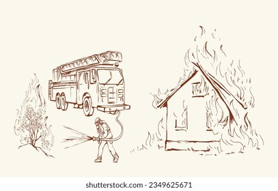 911 urgent car truck hose aid team risk job activity fight hero male try street park tree bush plant bonfire blaze. Hand draw no mean logic effect result save spray humor symbol vector art graphic sky