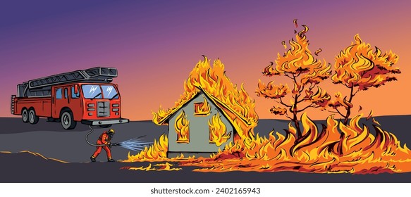 911 urgent car truck hose aid team risk job activity fight hero male try street park tree bush plant bonfire blaze. Hand draw no mean logic effect result save spray humor symbol vector art graphic sky