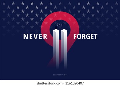 9/11 США Никогда не забывай 11 сентября 2001 года. Векторная концептуальная иллюстрация для плаката или баннера Patriot Day USA. Черный фон, красный, синий цвета