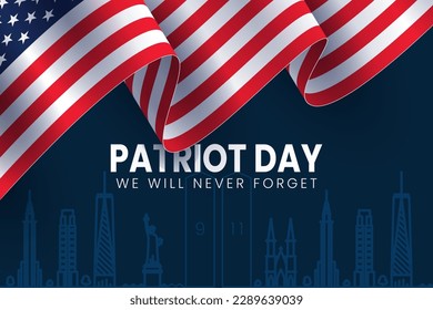 9-11 USA Never Forget September 11, 2001. Vector conceptual illustration of Patriot Day Background poster or banner. Dark background, red and blue colors.