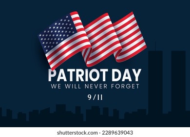 9-11 USA Never Forget September 11, 2001. Vector conceptual illustration of Patriot Day Background poster or banner. Dark background, red and blue colors.