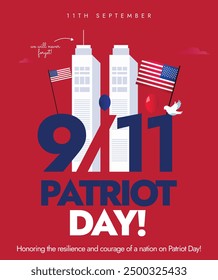 911 USA Patriot day. Patriot day banner with world trade center buildings, usa Flags, 9, 11 written on red background. The day is to remember the lives of those who died in the 2001 terrorist attacks.