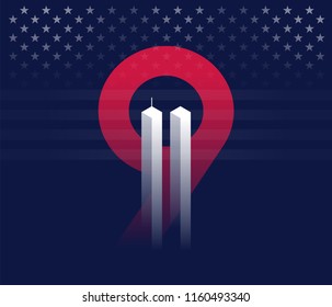 9/11 vector conceptual illustration. Never Forget September 11, 2001 Attacks in New York. Dark blue background with red 9 and twin towers looking like ghosts. Vector concept illustration