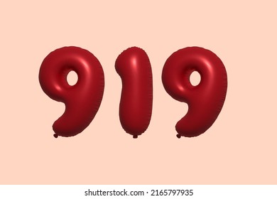 919 globo 3d número hecho de renderización 3d de globo metálico realista. Globos 3D de helio rojo para la venta decoración Fiesta Cumpleaños, Celebración de Aniversario, Fiesta de la Boda. Ilustración del vector