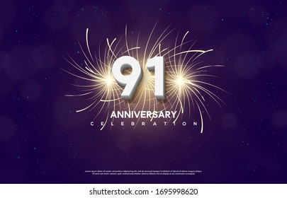 91st anniversary background with illustrations of white numbers in front of exploding firecrackers.