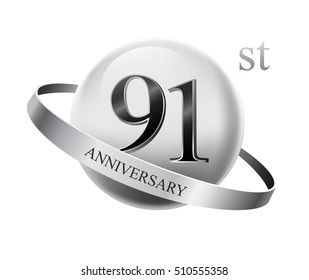 91st anniversary celebration with silver ring on white isolated background