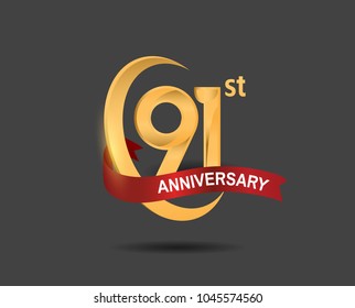 91st anniversary design logotype golden color with ring and red ribbon for celebration