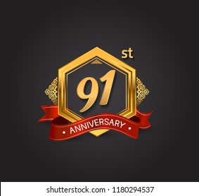 91st anniversary design logotype style with golden hexagon, ornament and red ribbon for use in celebration event.
