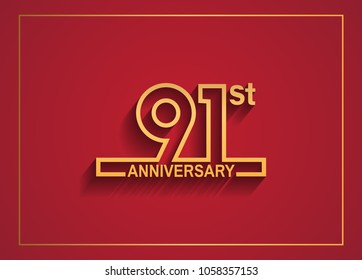 91st anniversary design with simple line style golden color isolated on red background for celebration event