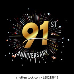 91st Anniversary fireworks and celebration background - stock vector