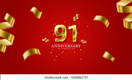 91st anniversary . Gold Numbers with shadow and sparkling confetti. Modern elegant gradient red background design vector EPS 10. For wedding party or company event decoration.