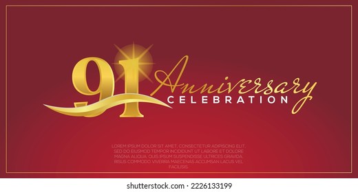  91st anniversary logo with confetti golden colored text isolated on red background, vector design for greeting card and invitation card