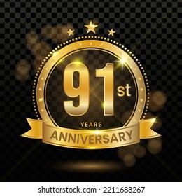 91st Anniversary Logotype with Gold Confetti Isolated on Black Background, Vector Design for Greeting Card and Invitation Card