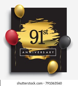 91st anniversary template design on golden brush background and balloon, vector design for greeting card and invitation card, Birthday celebration