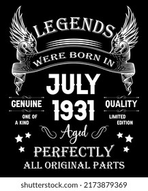 91st Birthday Vintage Legends Born In July 1931 91 Years Old