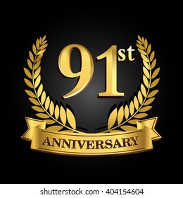 91st golden anniversary logo with ring and ribbon, laurel wreath vector design isolated on black background