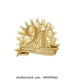 91st golden happy birthday logo with balloons and burst of light