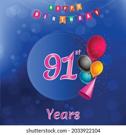  91st Happy Birthday celebration Invitation card design, Vector illustration design.