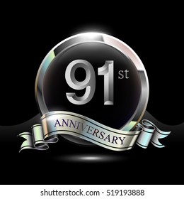 91st silver anniversary logo, vector celebration design with ring and ribbon.