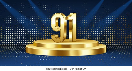 91st Year anniversary celebration background. Golden 3D numbers on a golden round podium, with lights in background.