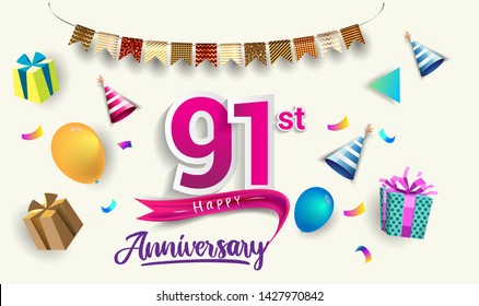 91st Years Anniversary Celebration Design, with gift box and balloons, ribbon, Colorful Vector template elements for your birthday celebrating party.