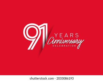 91st Years Anniversary celebration logo, flat design isolated on red background.