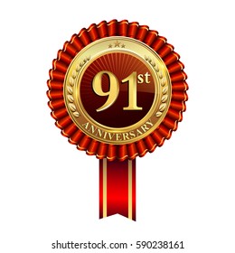 91st years anniversary golden badge with red ribbons, laurel wreath isolated on white background, vector design for greeting card, banner and invitation card.