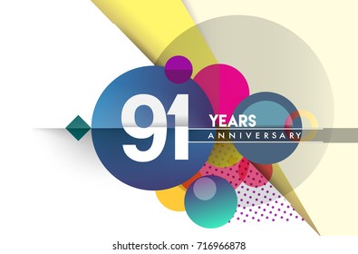 91st years anniversary logo, vector design birthday celebration with colorful geometric background and circles shape.