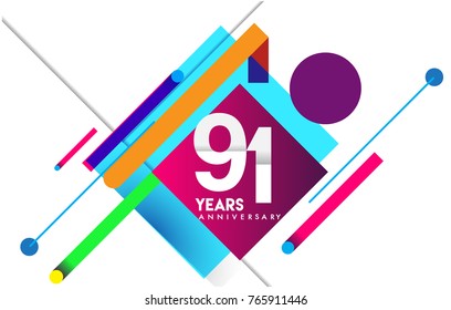 91st years anniversary logo, vector design birthday celebration with colorful geometric isolated on white background.