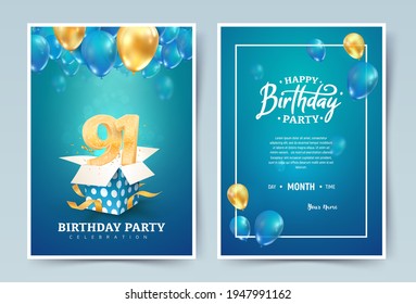 91st years birthday vector invitation double card. Ninety one
years wedding anniversary celebration brochure. Template of invitational for print on blue background