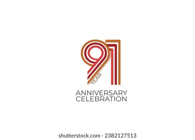 91th, 91 years, 91 year anniversary with retro style in 3 colors, red, pink and brown on white background for invitation card, poster, internet, design, poster, greeting cards, event - vector