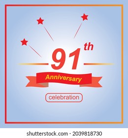 91th anniversary banner, in 91 years anniversary concept template design vector, decorated with red ribbon and stars