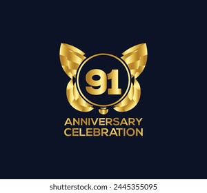 91th anniversary celebration day with gold color Light bright modern logo Design element
