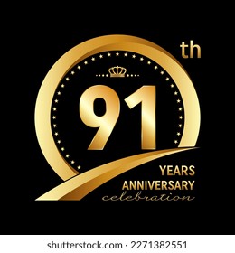 91th Anniversary Celebration Logo design with golden ring and crown for anniversary celebration event, invitation, wedding, greeting card, banner, poster, flyer, brochure. Logo Vector Template