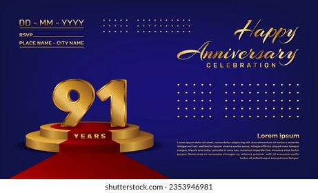 91th anniversary celebration vector template with 3D numbers style and golden stage, Vector template