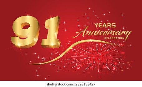 91th Anniversary fireworks and celebration background.Golden 3D lettering and a gold ribbon on dark red background,vector design for celebration, invitation card, and greeting card.