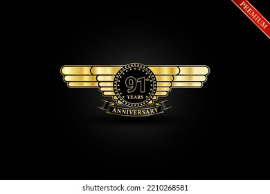91th anniversary golden wing gold logo with gold ring and ribbon isolated on black background, vector design for celebration.