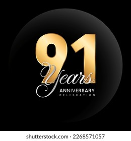 91th anniversary logo design concept. Golden number with silver color text. Logo Vector Template Illustration