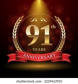 91th Anniversary. Anniversary logo design with Laurel wreath and red ribbon for celebration event, wedding, invitation, greeting card. Vector illustration