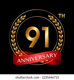 91th Anniversary. Anniversary Logo Design with Laurel Wreath and Red Ribbon for Celebration Event, Wedding, Invitation, Greeting Card. Logo Vector Illustration
