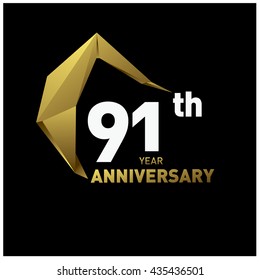 91th anniversary logo with gold shape modern looks. Anniversary signs illustration. Gold anniversary logo design and illustration