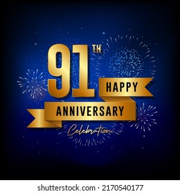 91th anniversary logo with golden ribbon for booklets, leaflets, magazines, brochure posters, banners, web, invitations or greeting cards. Vector illustrations.