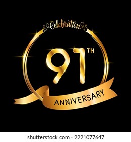 91° Aniversario. Diseño perfecto de plantilla para el evento de celebración del aniversario con cinta y anillo de color dorado, ilustración vectorial