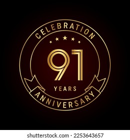 91th anniversary template design concept with golden ribbon for anniversary celebration event. Logo Vector Template