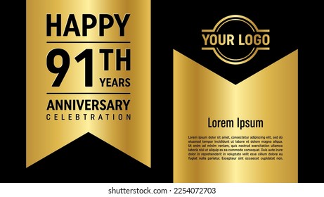 91th anniversary template design concept with golden ribbon. Vector Template illustration