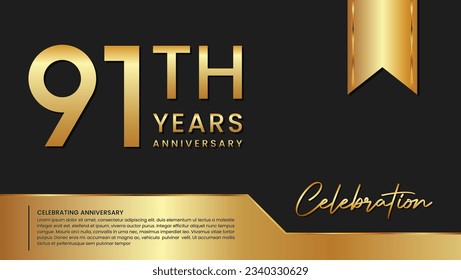 91th anniversary template design in gold color isolated on a black and gold background, vector template