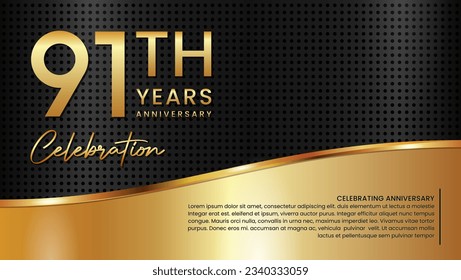 91th anniversary template design in gold color isolated on a black and gold texture background, vector template